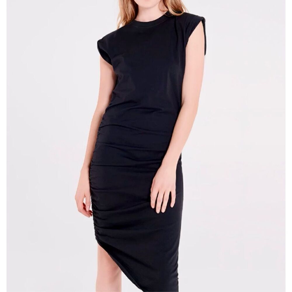 Veronica Beard Black Denali Signature Ruching Cap Sleeve Asymmetric Midi Dress